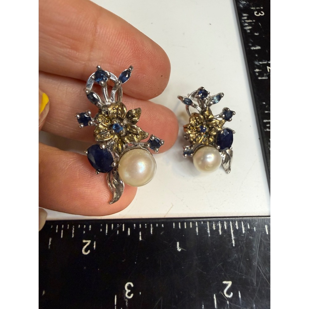 Sterling Silver 925 Blue Sapphire Pearl Floral Omega Back Earrings Multi-Tone